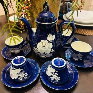Navy Floral Tea Set with Cups and Saucers
